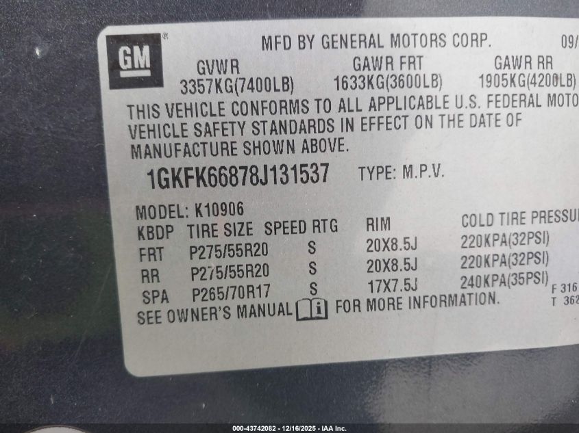 2008 GMC Yukon Xl 1500 Denali VIN: 1GKFK66878J131537 Lot: 43742082