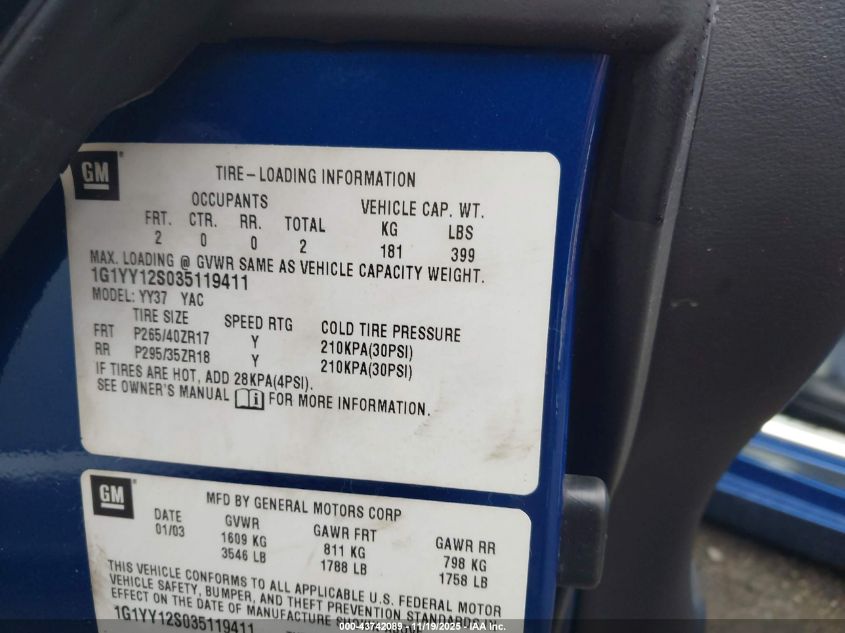 2003 Chevrolet Corvette Z06 Hardtop VIN: 1G1YY12S035119411 Lot: 43742089