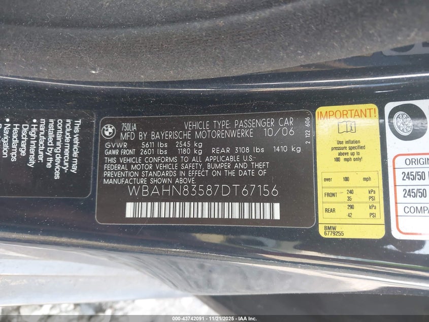 2007 BMW 750Li VIN: WBAHN83587DT67156 Lot: 43742091