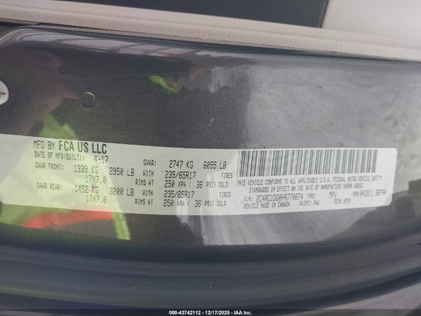 2017 Chrysler Pacifica Touring VIN: 2C4RC1DG0HR770874 Lot: 43742112