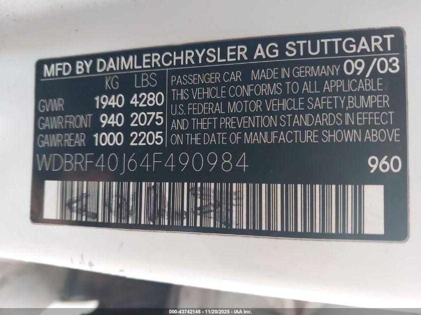 2004 Mercedes-Benz C 230 Kompressor Sport/Sport VIN: WDBRF40J64F490984 Lot: 43742146