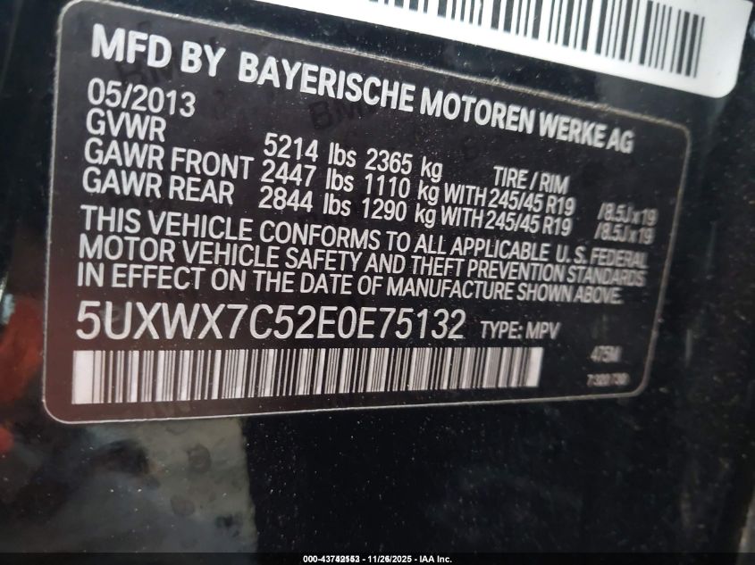 2014 BMW X3 xDrive35I VIN: 5UXWX7C52E0E75132 Lot: 43742153