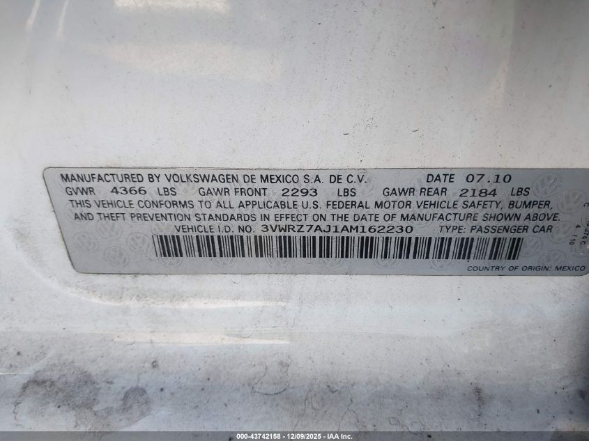 2010 Volkswagen Jetta Limited Edition VIN: 3VWRZ7AJ1AM162230 Lot: 43742158