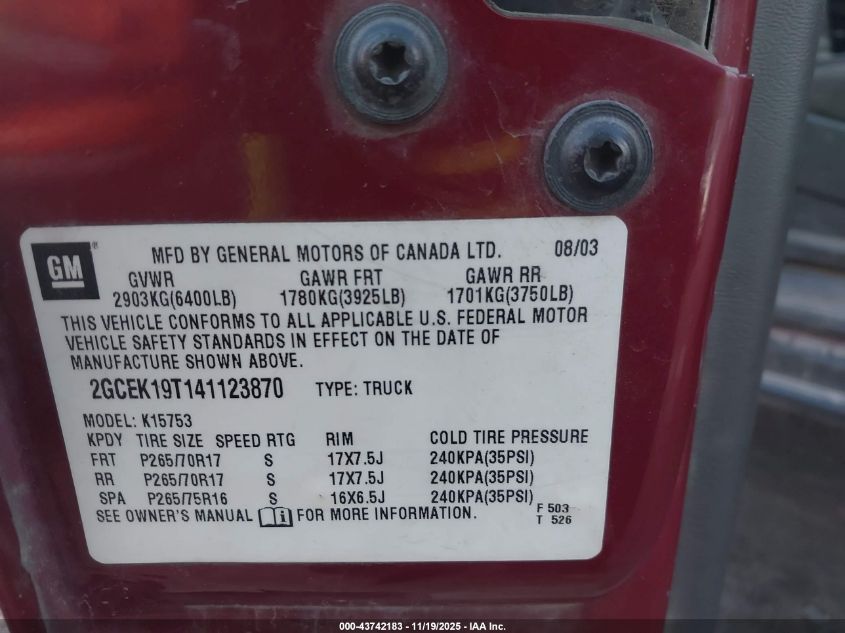 2004 Chevrolet Silverado 1500 Z71 VIN: 2GCEK19T141123870 Lot: 43742183