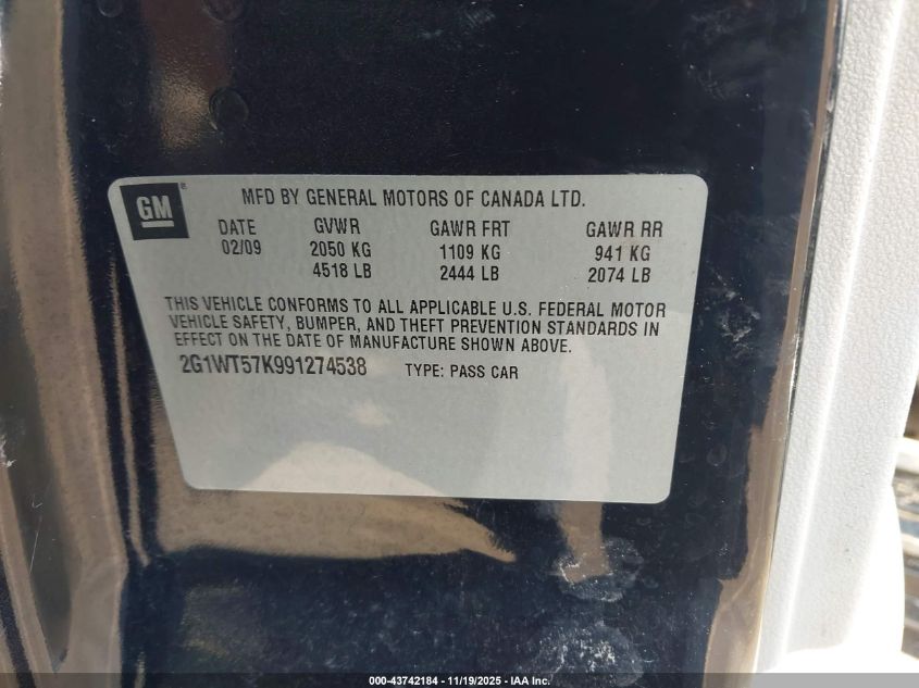 2009 Chevrolet Impala Lt VIN: 2G1WT57K991274538 Lot: 43742184
