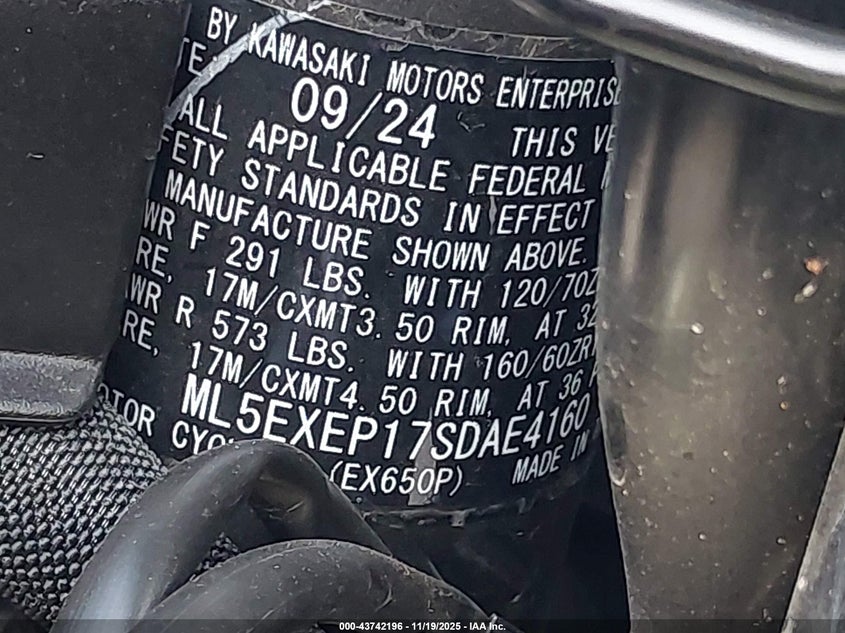 2025 Kawasaki Ex650 P VIN: ML5EXEP17SDAE4160 Lot: 43742196