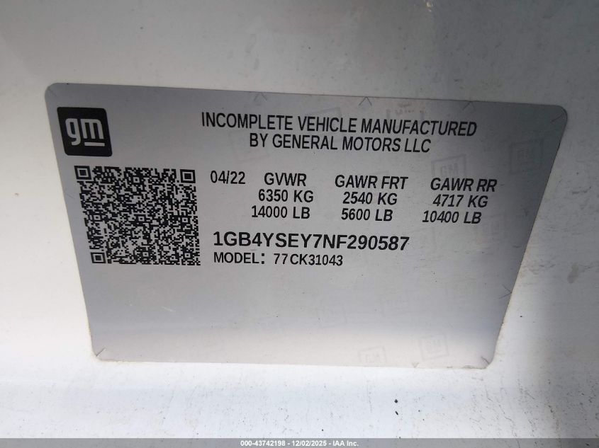 2022 Chevrolet Silverado 3500Hd Chassis Work Truck VIN: 1GB4YSEY7NF290587 Lot: 43742198