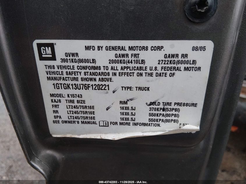 2006 GMC Sierra 1500Hd Slt VIN: 1GTGK13U76F120221 Lot: 43742203