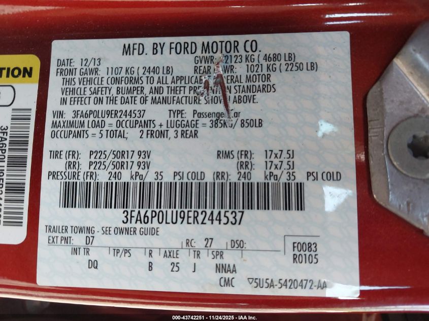 2014 Ford Fusion Hybrid Se VIN: 3FA6P0LU9ER244537 Lot: 43742251