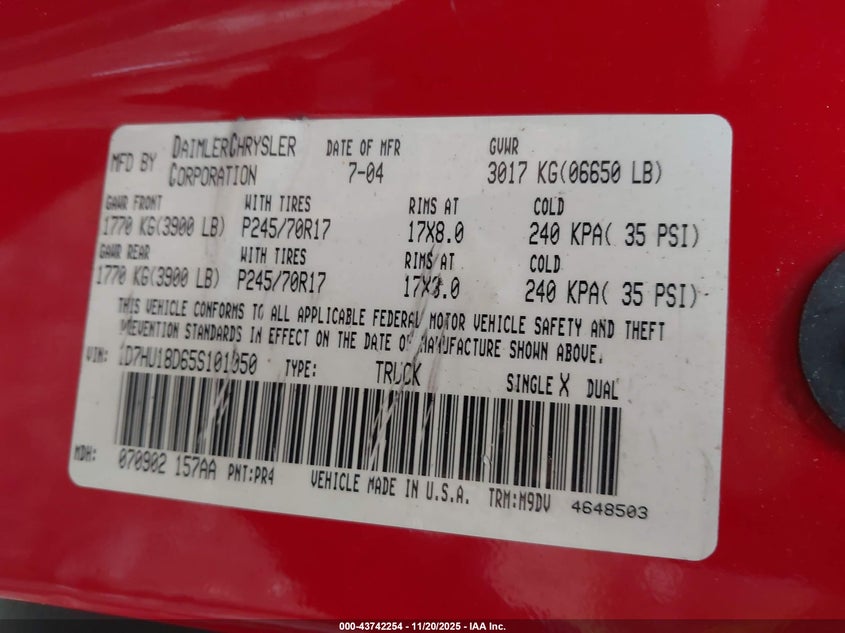 2005 Dodge Ram 1500 Slt/Laramie VIN: 1D7HU18D65S101050 Lot: 43742254