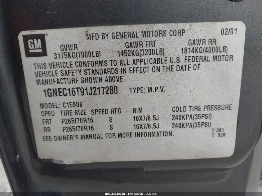 2001 Chevrolet Suburban 1500 Lt VIN: 1GNEC16T91J217280 Lot: 43742258