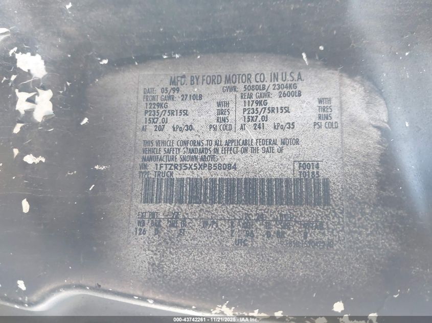 1999 Ford Ranger Xlt VIN: 1FTZR15X5XPB58084 Lot: 43742261