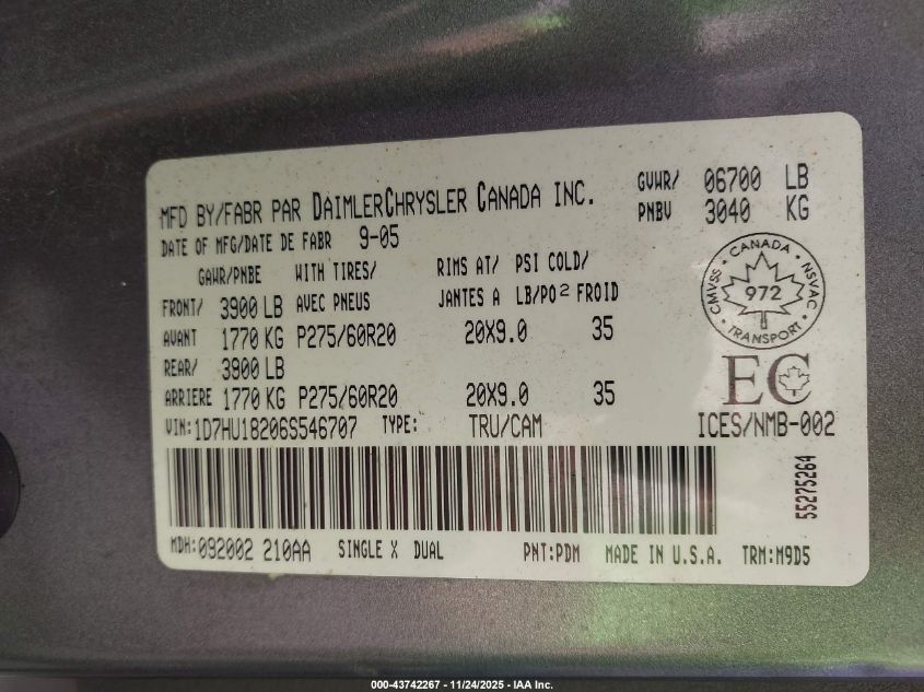 2006 Dodge Ram 1500 Slt/Trx4 Off Road/Sport VIN: 1D7HU18206S546707 Lot: 43742267