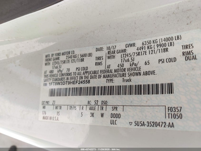 2017 Ford F-350 Xl VIN: 1FT8W3DT9HEF24558 Lot: 43742273