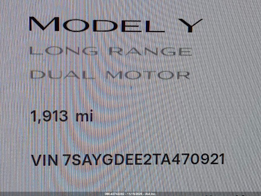 2026 Tesla Model Y Long Range Dual Motor All-Wheel Drive/Long Range Launch Series VIN: 7SAYGDEE2TA470921 Lot: 43742282