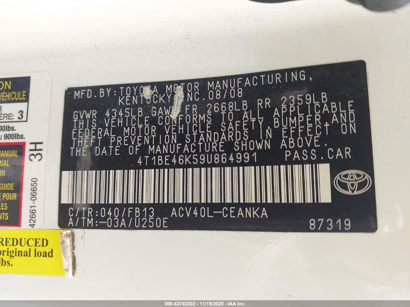 2009 Toyota Camry Le VIN: 4T1BE46K59U864991 Lot: 43742302