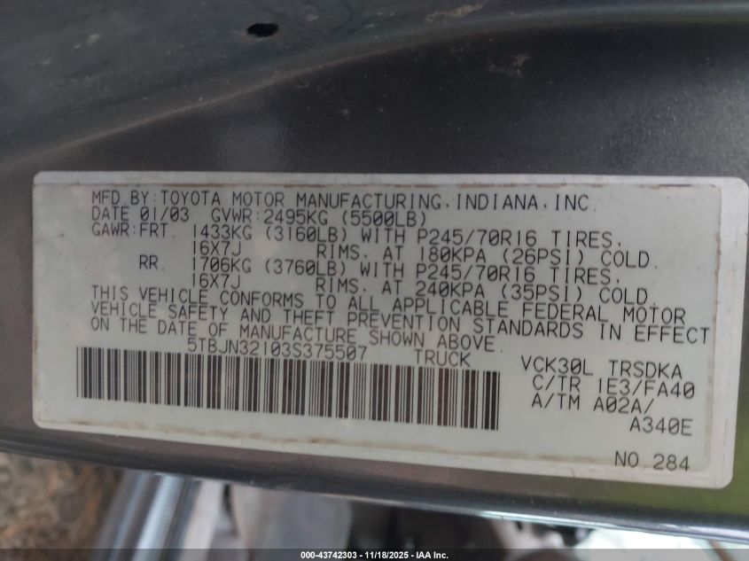 2003 Toyota Tundra VIN: 5TBJN32103S375507 Lot: 43742303