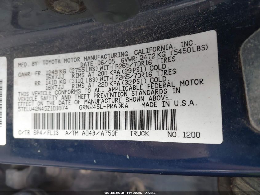 2005 Toyota Tacoma Base V6 VIN: 5TELU42N45Z101874 Lot: 43742320