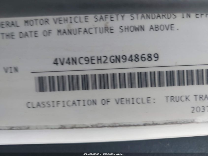 2016 Volvo Vn Vnl VIN: 4V4NC9EH2GN948689 Lot: 43742365