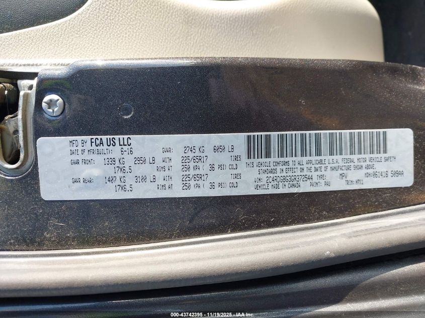 2016 Dodge Grand Caravan American Value Pkg VIN: 2C4RDGBG3GR372544 Lot: 43742395