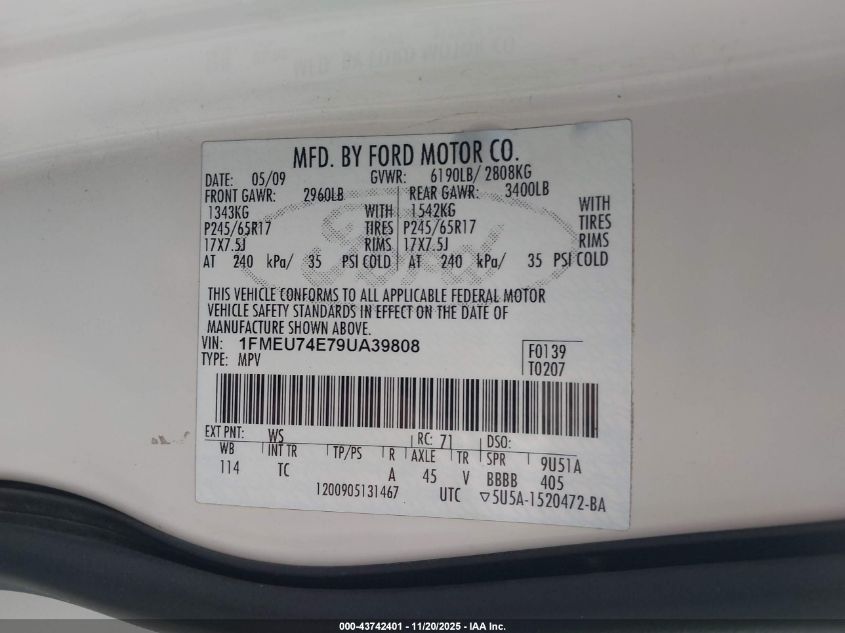 2009 Ford Explorer Eddie Bauer VIN: 1FMEU74E79UA39808 Lot: 43742401