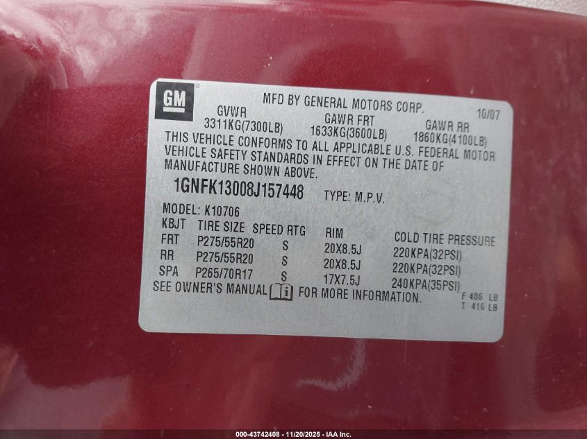 2008 Chevrolet Tahoe Ltz VIN: 1GNFK13008J157448 Lot: 43742408