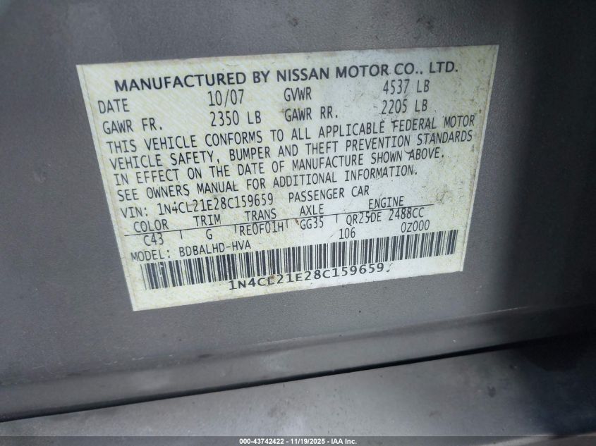 2008 Nissan Altima Hybrid VIN: 1N4CL21E28C159659 Lot: 43742422