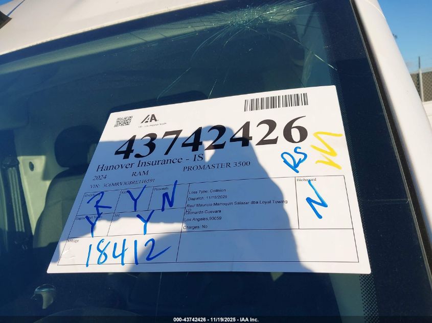 2024 Ram Promaster 3500 Cargo Van Slt High Roof 159 Wb Ext VIN: 3C6MRVJG8RE116591 Lot: 43742426