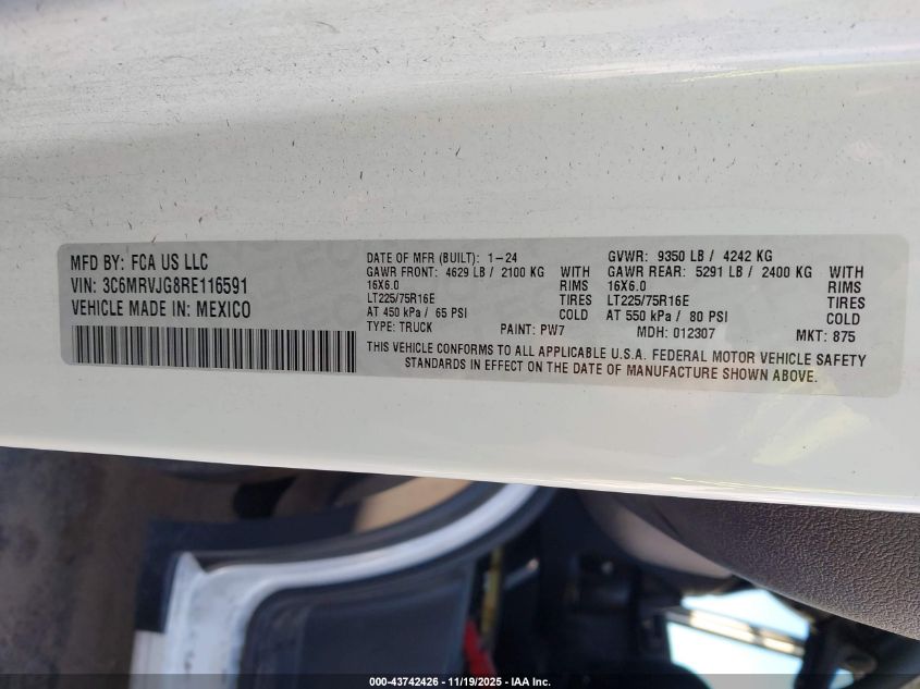 2024 Ram Promaster 3500 Cargo Van Slt High Roof 159 Wb Ext VIN: 3C6MRVJG8RE116591 Lot: 43742426