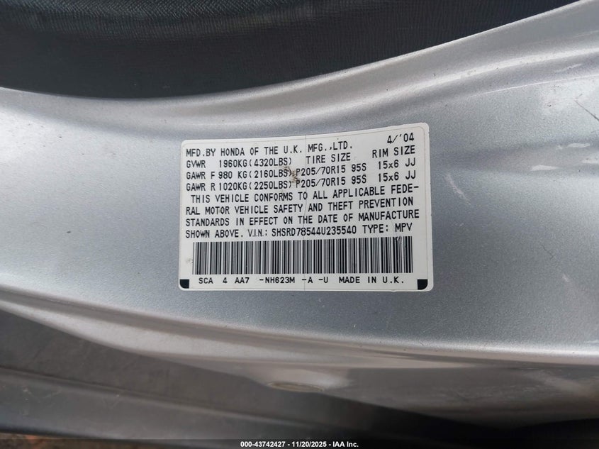 2004 Honda Cr-V Lx VIN: SHSRD78544U235540 Lot: 43742427