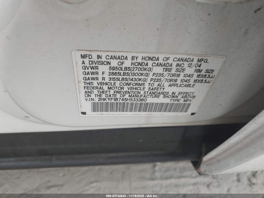 2005 Honda Pilot Ex-L VIN: 2HKYF18745H533360 Lot: 43742443