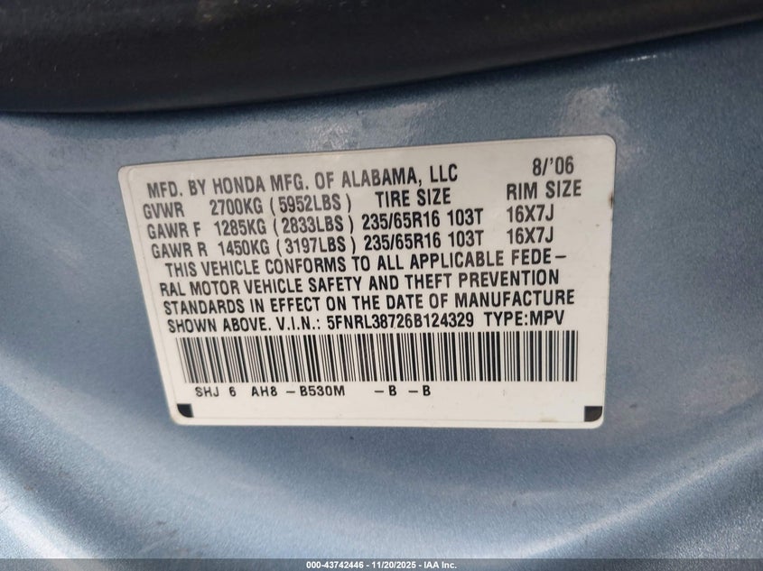 2006 Honda Odyssey Ex-L VIN: 5FNRL38726B124329 Lot: 43742446