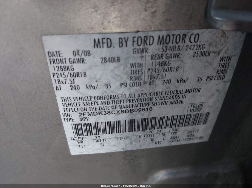 2008 Ford Edge Sel VIN: 2FMDK38CX8BB09616 Lot: 43742457