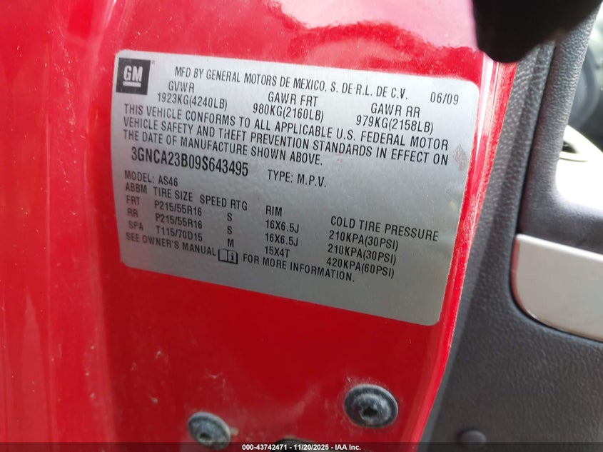 2009 Chevrolet Hhr Lt VIN: 3GNCA23B09S643495 Lot: 43742471