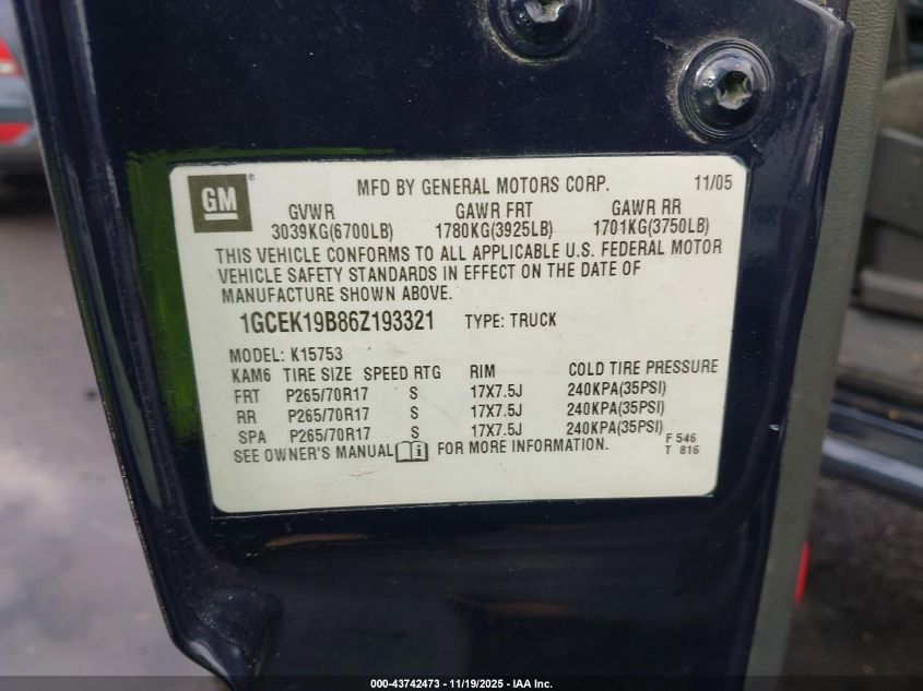 2006 Chevrolet Silverado 1500 Lt2 VIN: 1GCEK19B86Z193321 Lot: 43742473