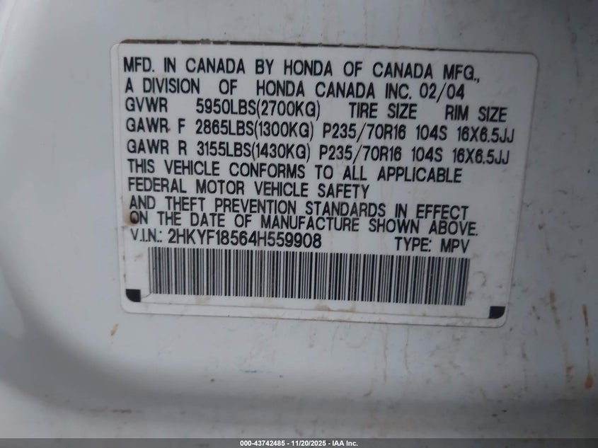 2004 Honda Pilot Ex-L VIN: 2HKYF18564H559908 Lot: 43742485