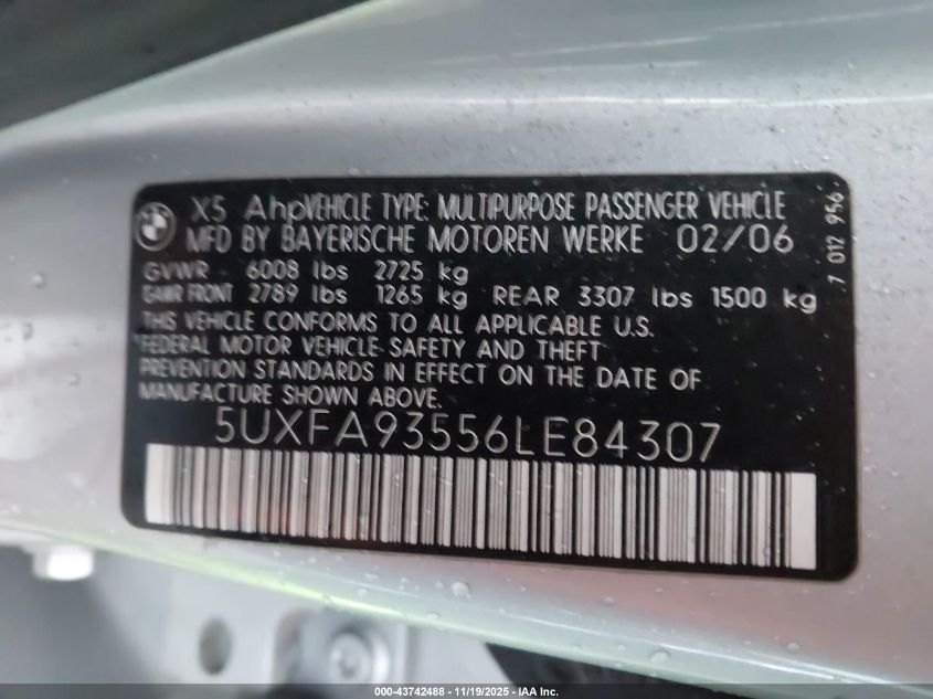2006 BMW X5 4.8Is VIN: 5UXFA93556LE84307 Lot: 43742488