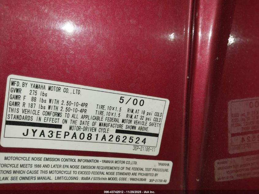 2001 Yamaha Sh50 VIN: JYA3EPA081A262524 Lot: 43742512