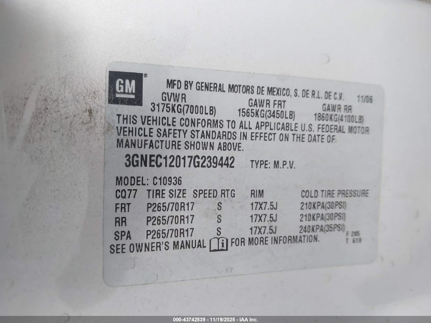 2007 Chevrolet Avalanche 1500 Lt VIN: 3GNEC12017G239442 Lot: 43742539
