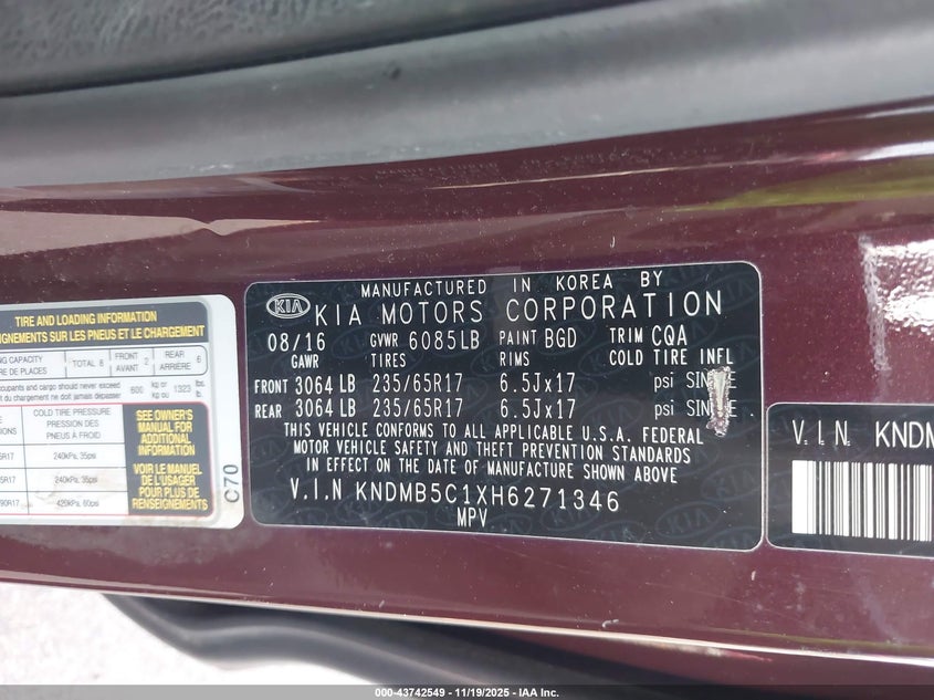 2017 Kia Sedona Lx VIN: KNDMB5C1XH6271346 Lot: 43742549