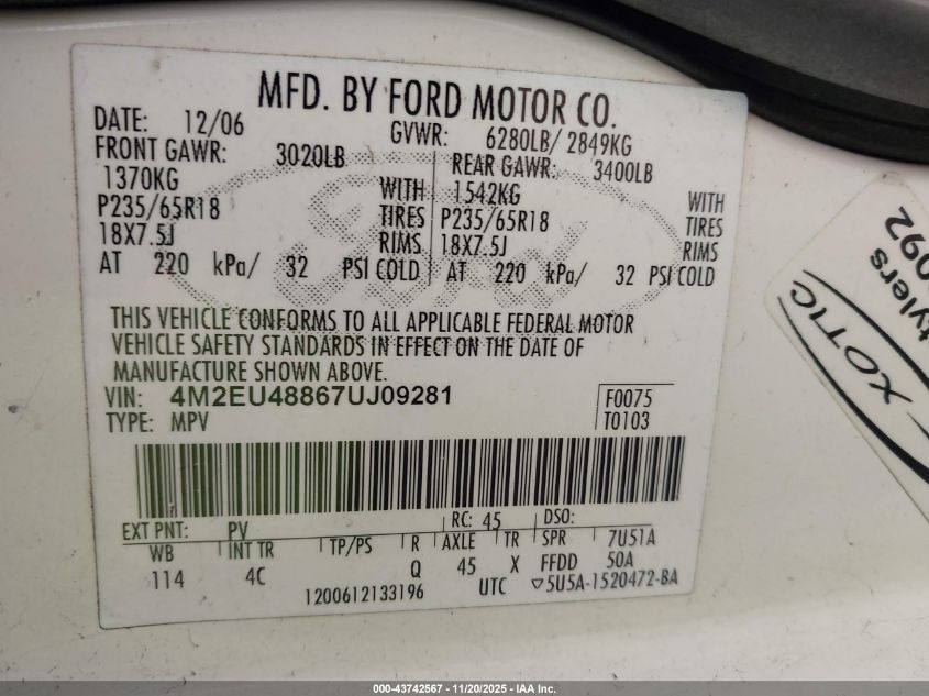 2007 Mercury Mountaineer Premier VIN: 4M2EU48867UJ09281 Lot: 43742567