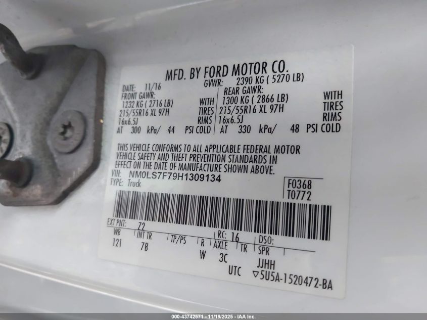 2017 Ford Transit Connect Xlt VIN: NM0LS7F79H1309134 Lot: 43742571