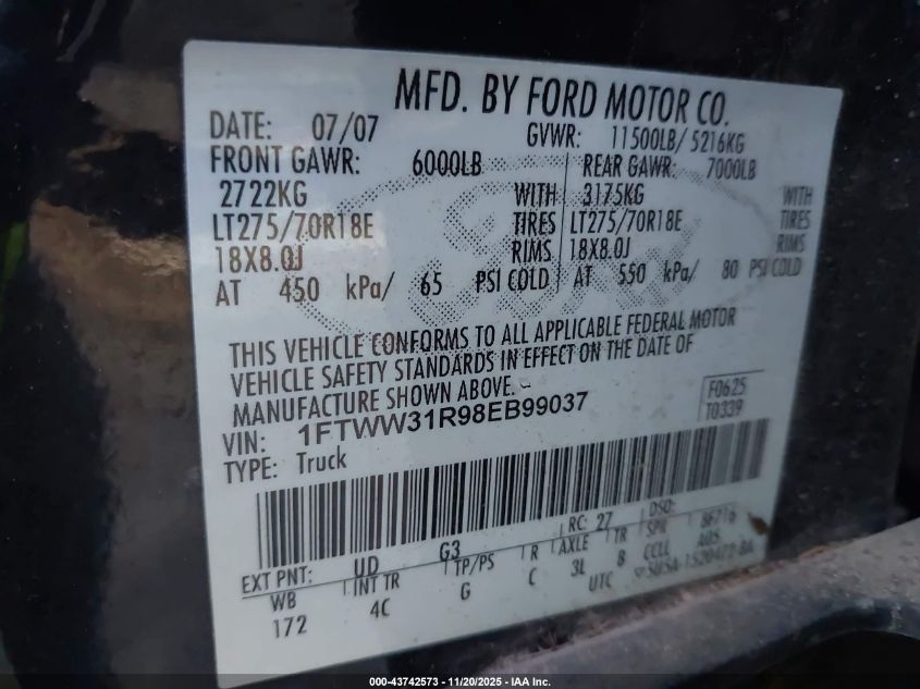 2008 Ford F-350 Fx4/Harley-Davidson/King Ranch/Lariat/Xl/Xlt VIN: 1FTWW31R98EB99037 Lot: 43742573