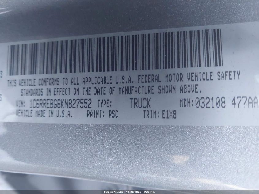 2019 Ram 1500 Big Horn/Lone Star 4X2 6'4 Box VIN: 1C6RREBG6KN827552 Lot: 43742580