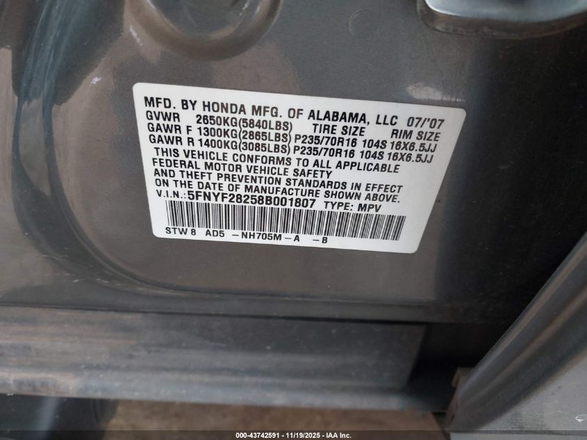 2008 Honda Pilot Vp VIN: 5FNYF28258B001807 Lot: 43742591