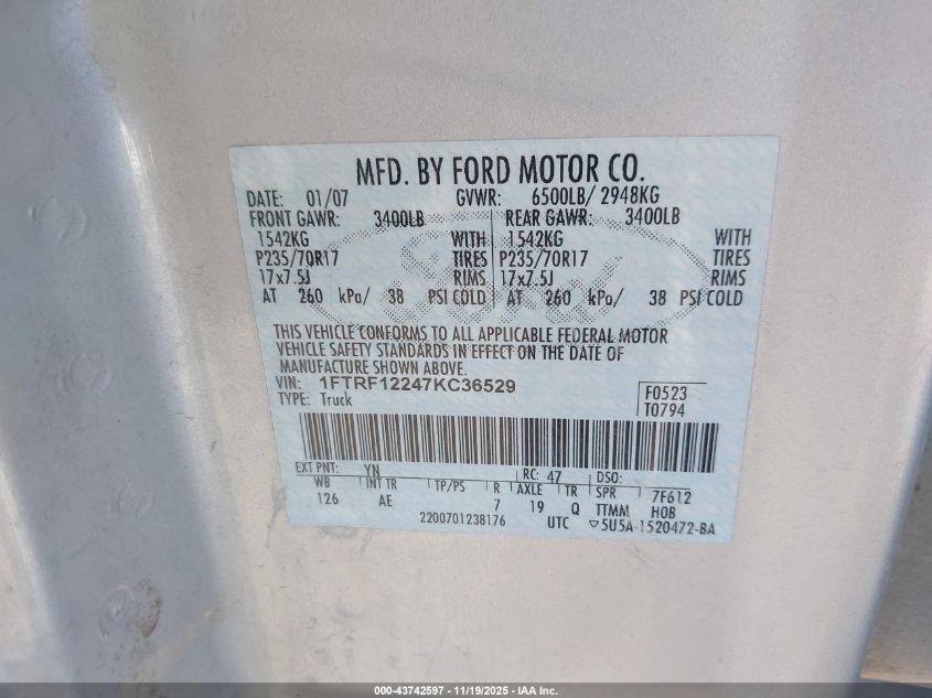 2007 Ford F-150 Stx/Xl/Xlt VIN: 1FTRF12247KC36529 Lot: 43742597