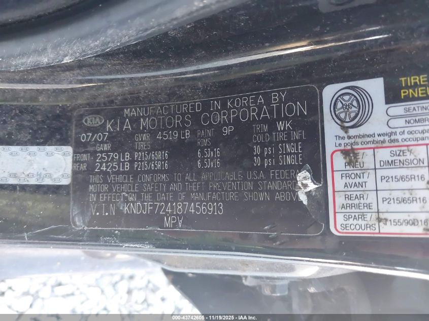 2008 Kia Sportage Lx VIN: KNDJF724187456913 Lot: 43742605