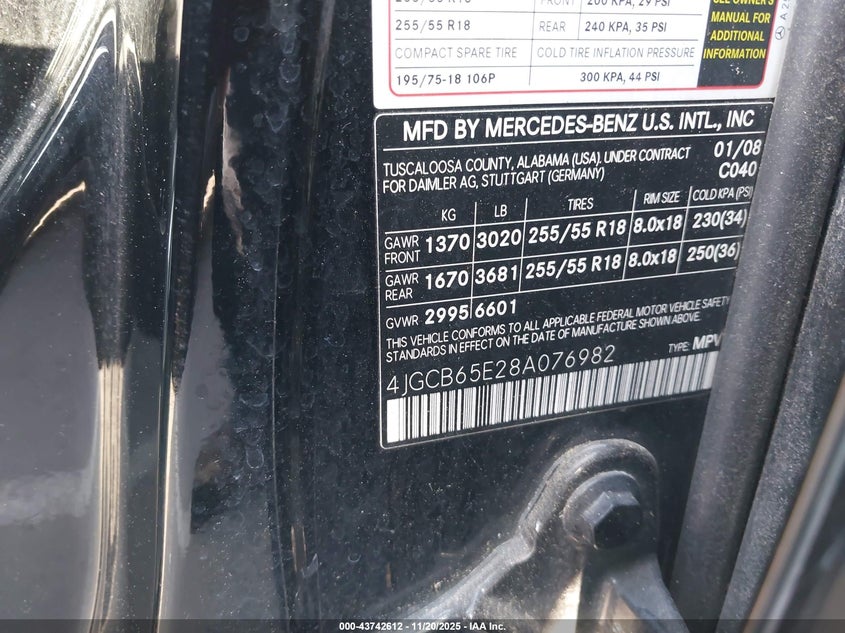 2008 Mercedes-Benz R 350 4Matic VIN: 4JGCB65E28A076982 Lot: 43742612