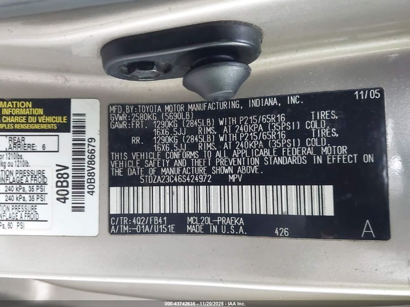 2006 Toyota Sienna Ce VIN: 5TDZA23C46S424972 Lot: 43742635