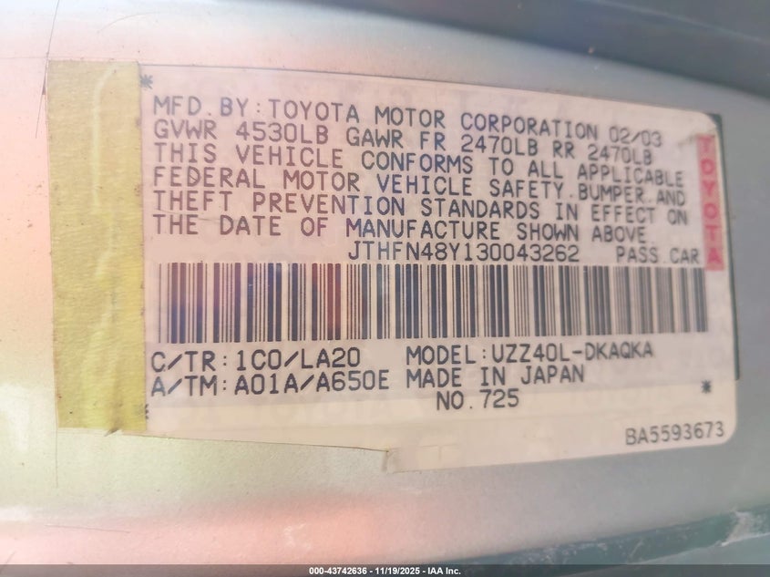 2003 Lexus Sc 430 VIN: JTHFN48Y130043262 Lot: 43742636